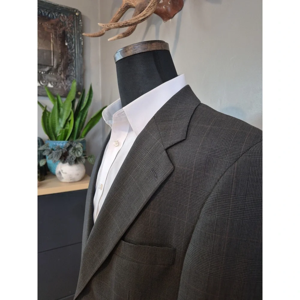 Chaps Ralph Lauren Mens Vintage Wool Sports Coat 42R Dark Taupe Plaid Blazer USA